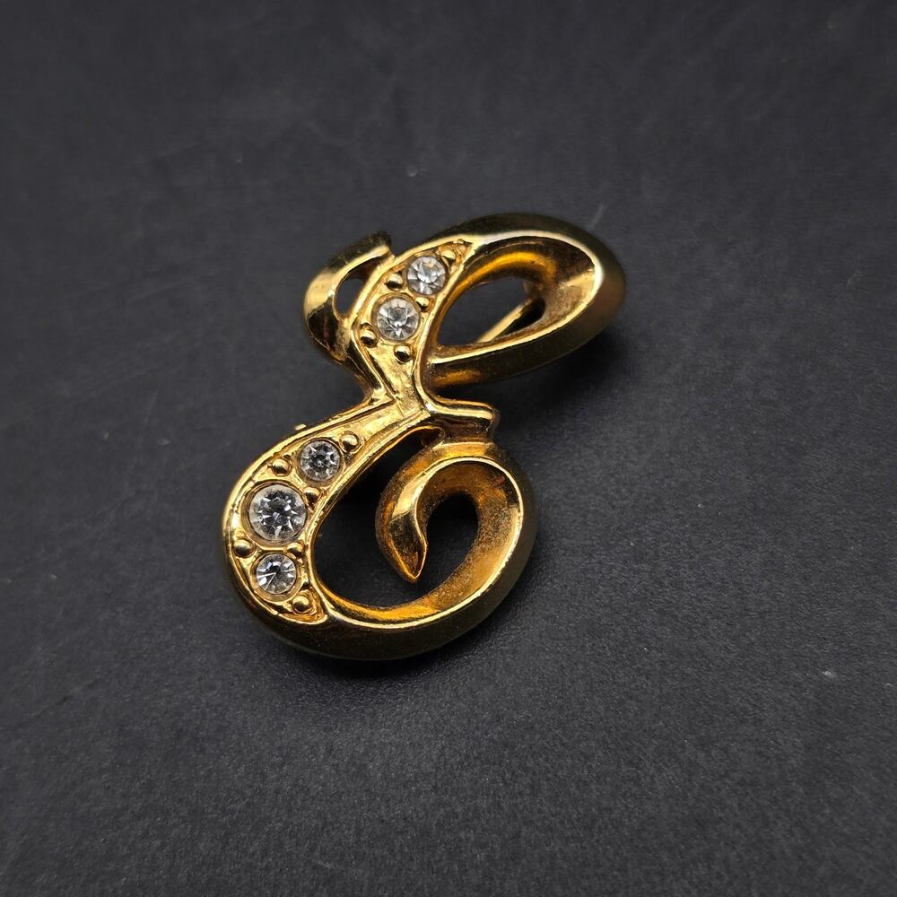 Avon Gold Tone Rhinestone Letter E Brooch Initials Vintage Jewelry